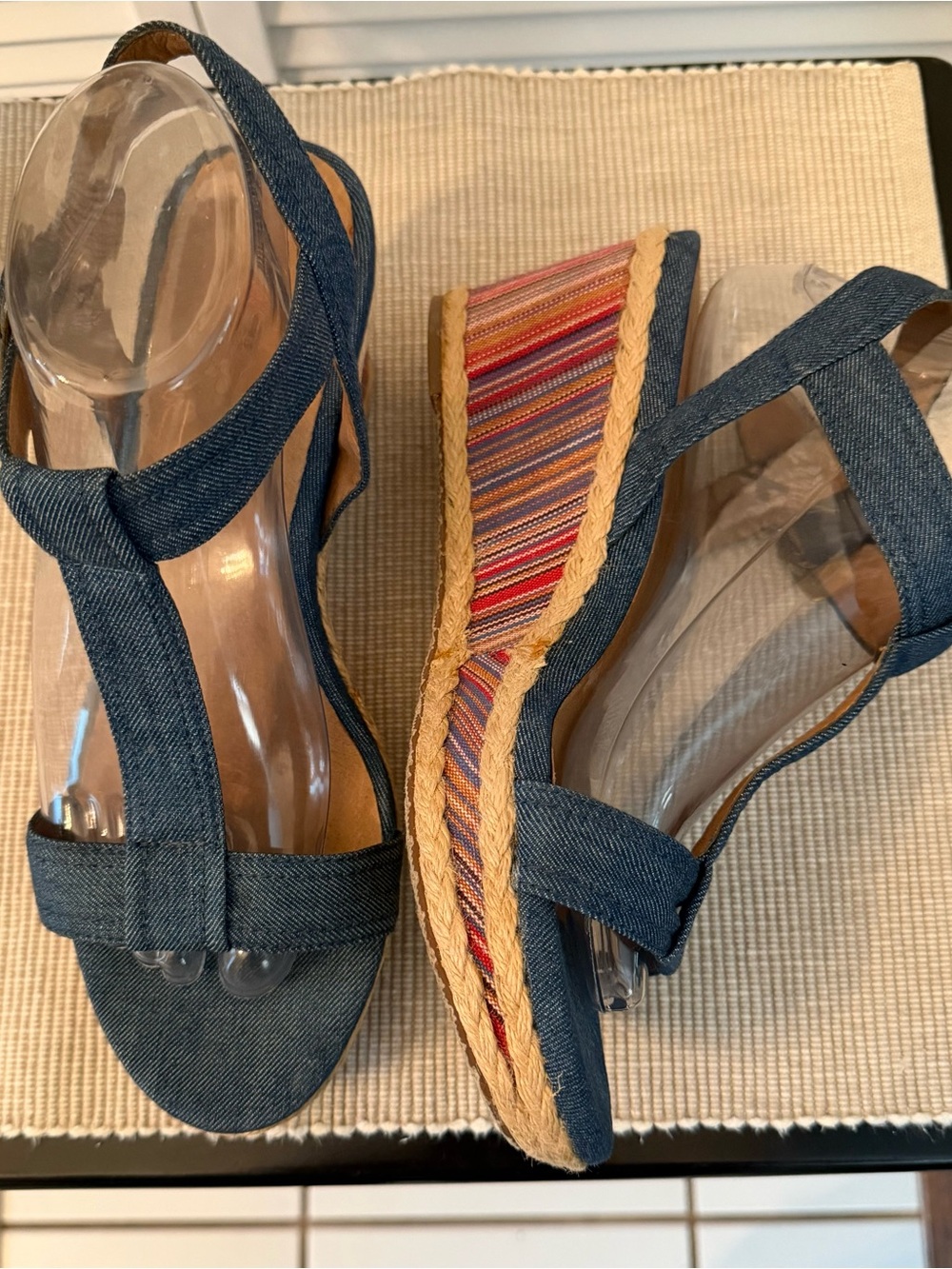 Denim Blue Espadrille Wedge Sandals with Striped Platform